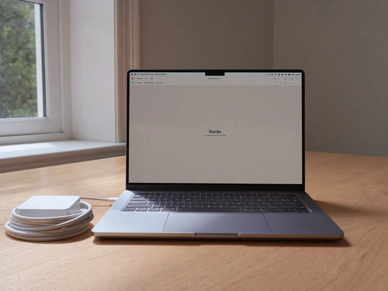 Birou ordonat cu laptop, cablu de încărcare așezat curat și un încărcător mic