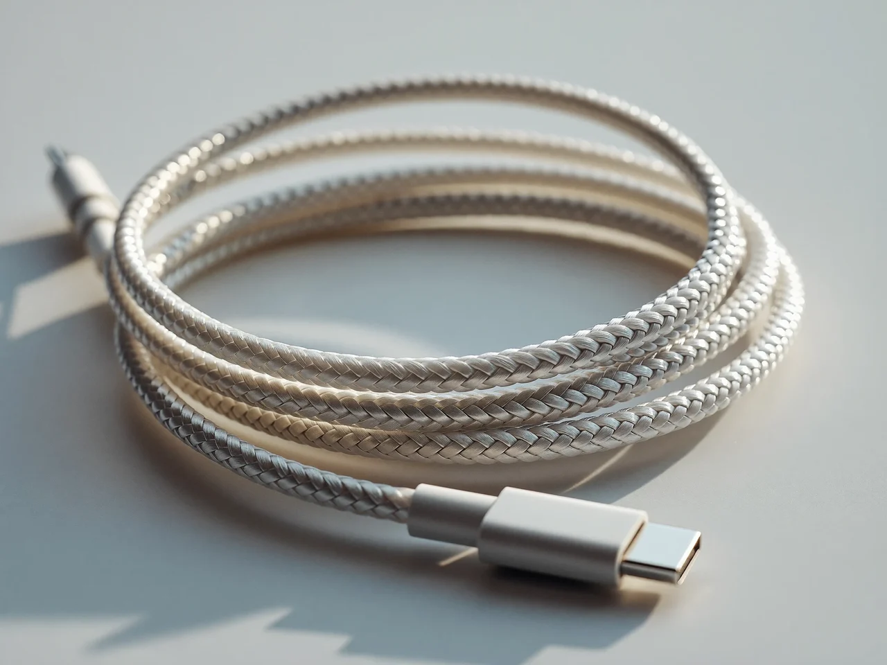 Cablu USB-C împletit, înfășurat lejer pe o suprafață mată deschisă la culoare