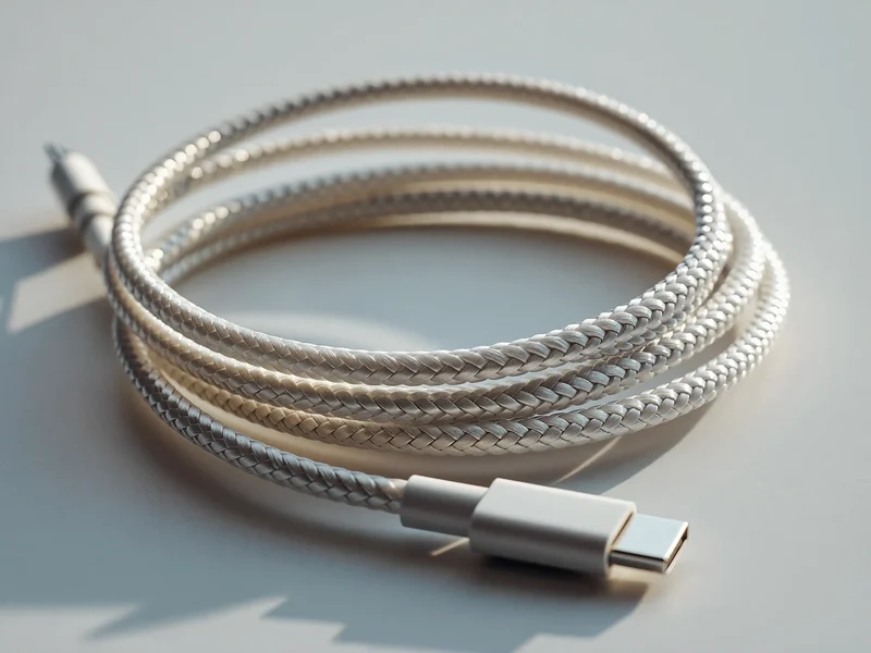 Cablu USB-C împletit, înfășurat lejer pe o suprafață mată deschisă la culoare
