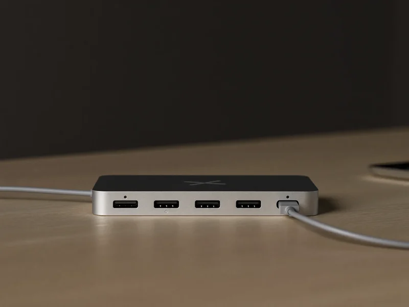 Hub USB-C compact din aluminiu, cu porturi libere, pe un birou din lemn deschis