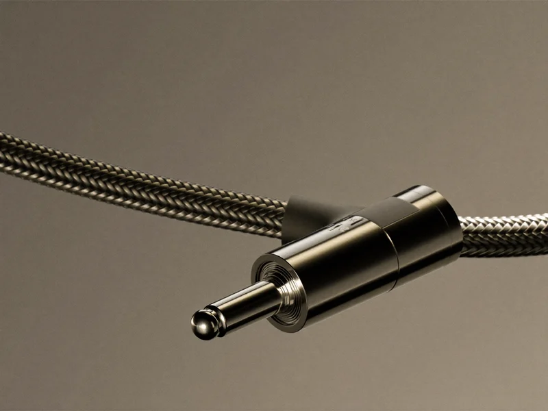Detaliu macro al unui conector metalic și al mantalei textile împletite